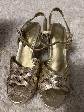 Coach Metallic Gold Woven Wedge Slingback Sandals